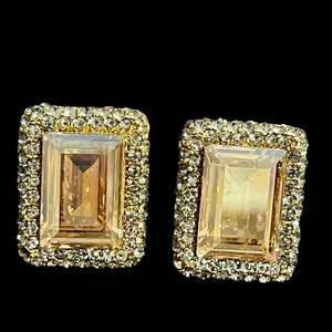 Vintage MD Signed Champagne Emerald Cut Rhinestone Halo Stud Earrings